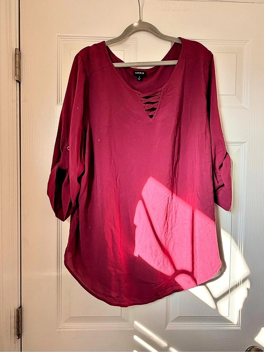 Torrid Georgette Lattice V-Neck Flutter Sleeve Blouse Pink Size 2